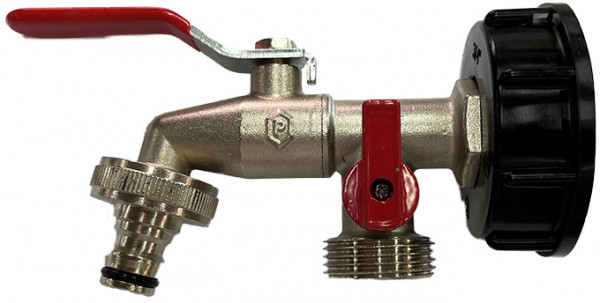 tap for IBC vat - IBC tap - Brass - Gardena connection + extra connection 1"