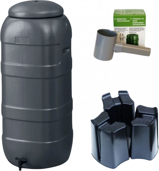 Rain barrel Mini Rainsaver 100 liters of Anthracite + 3-piece base + filling machine